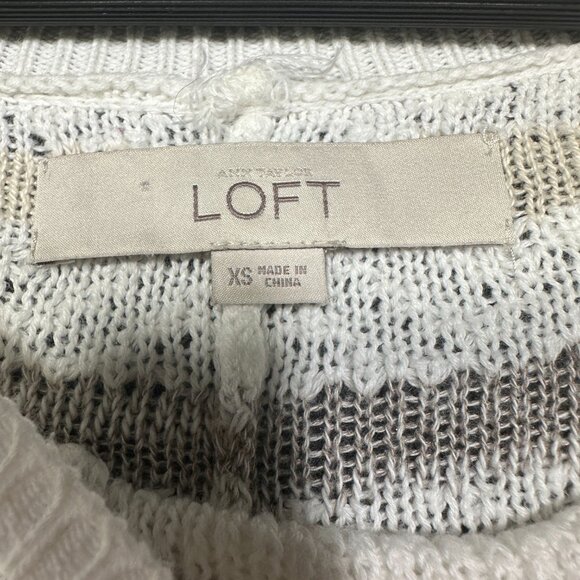 Ann Taylor LOFT Sweater Women XS White Striped Loose Knit Cotton Linen Pockets - Picture 5 of 9